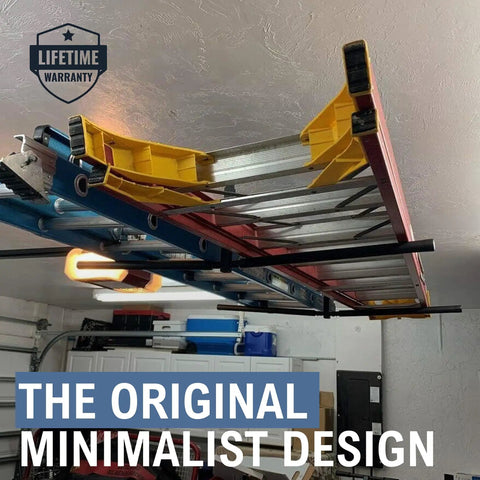 Overhead Ladder Rack For Garage Adjustable Ceiling Mounted Shelf To Store Step And Extension Ladders Off The Floor Heavy Duty Steel Construction Space Saving Garage Organizer Holds Up To 150 Lbs