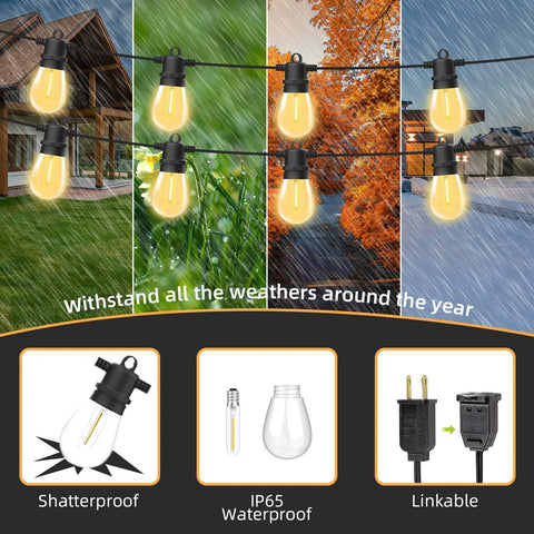 Outdoor String Lights 50ft Commercial Grade LED Patio Lighting With 16 Dimmable 1W Edison Bulbs Shatterproof IP65 Waterproof