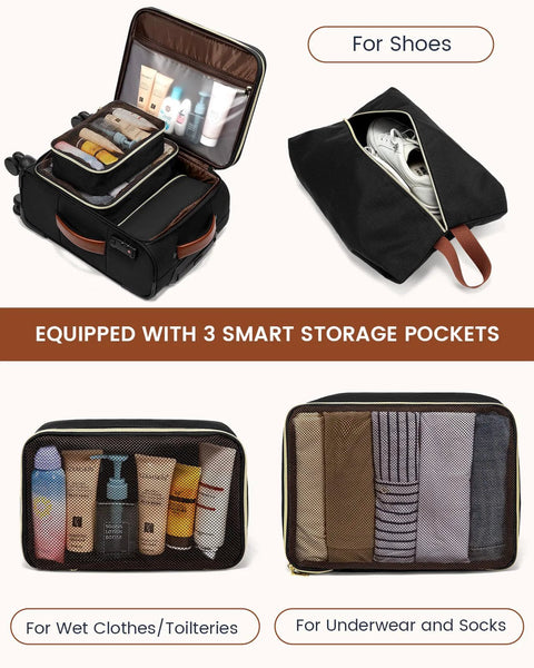 LOVEVOOK 5-piece black carry-on luggage set with wheels; includes packing cubes and a zip shoe bag, airline-approved.