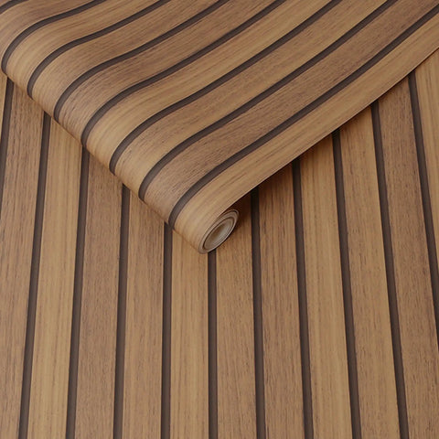 Wooden Slats Natural Non-Pasted Wallpaper With Rustic Wood Look, roll view showcasing stripe detail for accent walls.