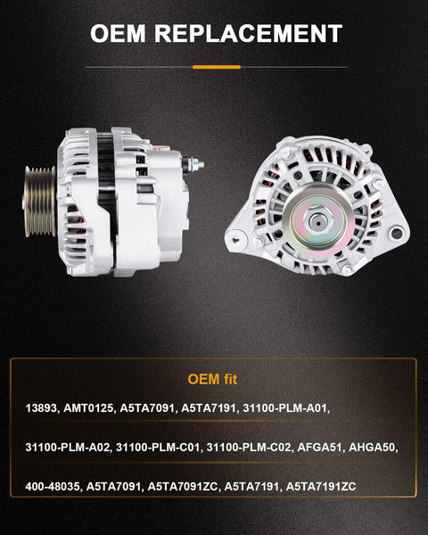 Replacement Alternator That Fits Acura EL 2001-2005 And Honda Civic 2001-2005 Replaces 13893 With OE Standard Bearings and OEM Grade Lubricant