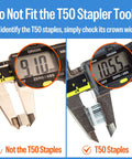 Two images showing measurements of staples, clarifying Heavy Duty 316 Stainless Steel Upholstery Staples, 22 Gauge 71 Series.