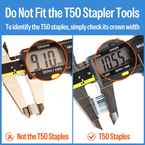 Two images showing measurements of staples, clarifying Heavy Duty 316 Stainless Steel Upholstery Staples, 22 Gauge 71 Series.