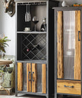 Rugged Industrial Wine Cabinet Floor Stand With Vintage Iron Finish And Ample Shelving To Organize Your Drink Stash, showcasing wine storage and glass holders.