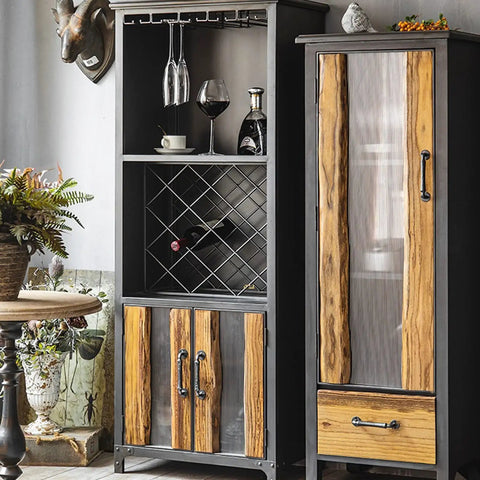 Rugged Industrial Wine Cabinet Floor Stand With Vintage Iron Finish And Ample Shelving To Organize Your Drink Stash, showcasing wine storage and glass holders.