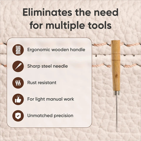 Solid Wooden Scratching Awl For Leatherwork And Bookbinding With Comfort Grip Hella Durable showing ergonomic wooden handle and sharp needle.