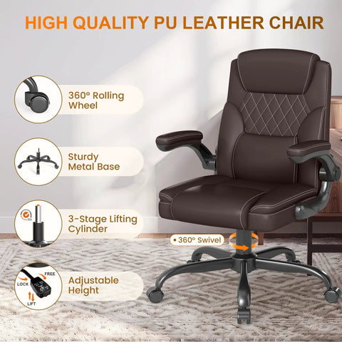 Premium Mid Back Leather Executive Office Chair Featuring Ergonomic Lumbar Support And Flip Up Armrests for boss level comfort with 360° swivel.