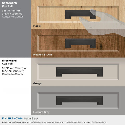 Matte Black Cup Pull Cabinet Hardware 3 Inch and 3-3/4 Inch Center-to-Center Distances with hand showing size comparison on different woods