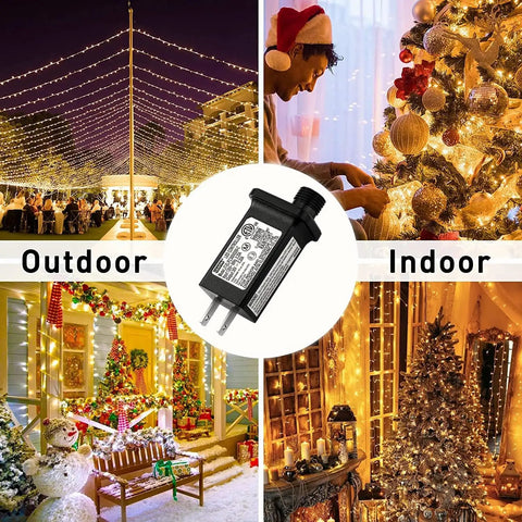 30V LED Controller With 8 Modes And JT EL FC300V0200C Class 2 Power Supply for Christmas lights, showing indoor and outdoor scenes