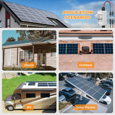Solar Panel Disconnect Switch 400V DC And AC 20A application for home, outdoor, RV, and solar panels with installation scenarios