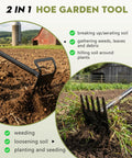 60 Inch Adjustable 2-In-1 Garden Hoe With Ultra Sharp Blade And Tines For Weeding And Soil Loosening in use on soil