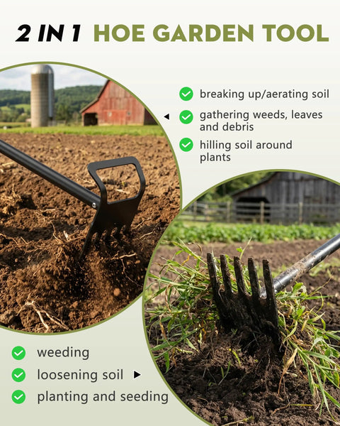 60 Inch Adjustable 2-In-1 Garden Hoe With Ultra Sharp Blade And Tines For Weeding And Soil Loosening in use on soil