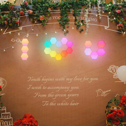 11Pack WiFi Smart LED Light Kit For DIY Night Lamp With Voice Control on wedding backdrop, hexagonal color pattern displayed