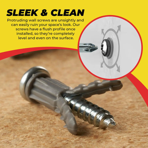 Close-up of Drywall Anchors And Screws Kit With Drill Bit For Hanging Frames Shelves And Mirrors, 100 Anchors And 100 Screws