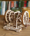 Detailed wooden vehicle differential model kit showing gears, wheels, and base for mechanics training.