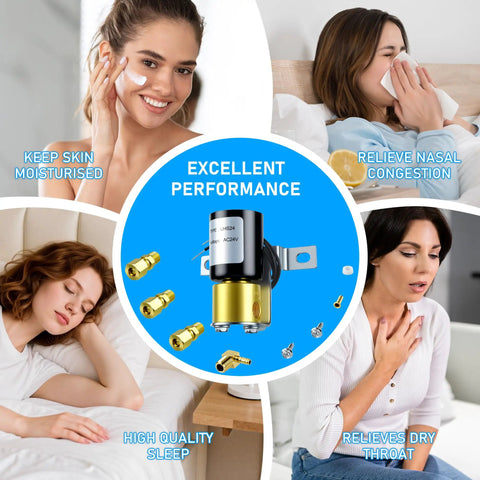 Universal 24V Humidifier Solenoid Valve UHS24 Replacement For Aprilaire 4040 99053 32001639002 shown with benefits like skin moisture and sleep quality