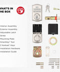 What's in the box contents of Keyless Entry Smart Lock With Electronic Keypad Deadbolt Auto Lock And Custom User Codes In Satin Nickel Finish.