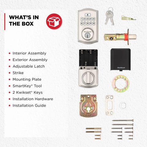 What's in the box contents of Keyless Entry Smart Lock With Electronic Keypad Deadbolt Auto Lock And Custom User Codes In Satin Nickel Finish.