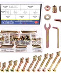 All In One M6 Gear Replacement Kit For Cribs Tables Chairs Cabinets And Furniture With Hex Socket Cap Screws Nuts Washers And Tools 138 Pc Set In Lengths Of 25 35 45 55 65 75 And 85 Mm displayed with bolts and wrenches