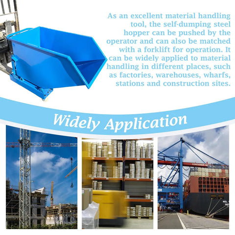 Heavy Duty Steel Self Dumping Hopper And Forklift Bin With Dual Brake Casters And Drain Valve, 2200 Lb Job Site Beast For Warehouse Hauling in blue.