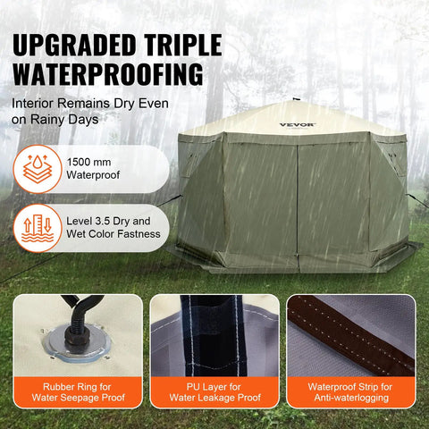 12x12ft Pop Up Gazebo Tent With Mosquito Netting, 6 Removable Wind Panels And 2 Mesh Windows, army green, waterproof design