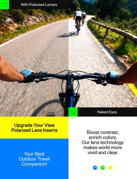 Cyclist's view from bike, demonstrating polarized lens effect compared to naked eyes on a scenic road.