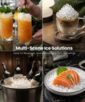 Solid Countertop Nugget Ice Maker Goes Hard On Rapid Cooling Spits Out Hella Chewable Pebble Chunks Quickly Generates Thirty Five Pounds Daily For Any Setup, displaying drinks and seafood on ice.