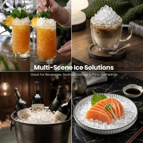 Solid Countertop Nugget Ice Maker Goes Hard On Rapid Cooling Spits Out Hella Chewable Pebble Chunks Quickly Generates Thirty Five Pounds Daily For Any Setup, displaying drinks and seafood on ice.