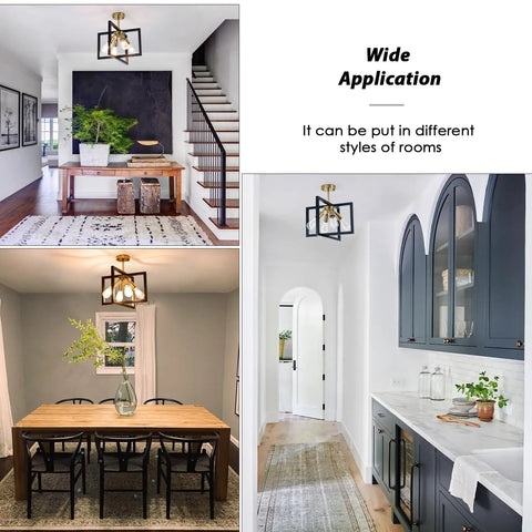 Farmhouse Industrial Ceiling Light Fixture Four Light Dope Vintage Modern Rectangle Black Gold Flush Mount in dining and entryway