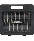 Workhorse 14 Piece Forstner Bit Set Crafted From Heavy Duty High Speed Steel With Black Phosphate Finish and Razor Sharp Pilot Guide Rings visible in storage case.