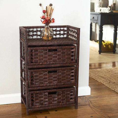 Woven 3 Drawer Chest With Cutout Handles For Small Spaces, Paper Rope Wicker Storage Organizer, Dark Stained Wood Frame, Compact Cabinet With Open Top Shelf For Nooks And Crannies