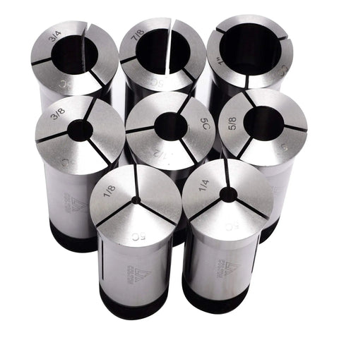 8 Piece Precision 5C Round Collet Set With 0.0005 Inch Tolerance, Laser Marked Sizes, Ground Mating Surfaces, And 1.238-20 External Threads