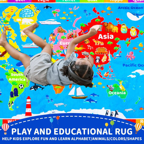 Child playing on Interactive World Map Kids Rug for Playroom and Classroom 110 By 78.7 Inches Educational Geography Carpet