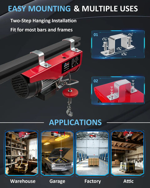 Heavy Duty Electric Hoist 440 Lb Winch With 14.1 Ft Wired Remote And Emergency Stop 110V Lift System applications shown