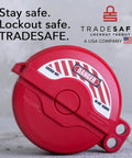 Heavy Duty Gate Valve Lockout For 1 To 2.5 Inch Valves Red Lockout Tagout Lock featuring safety warning and Tradesafe branding