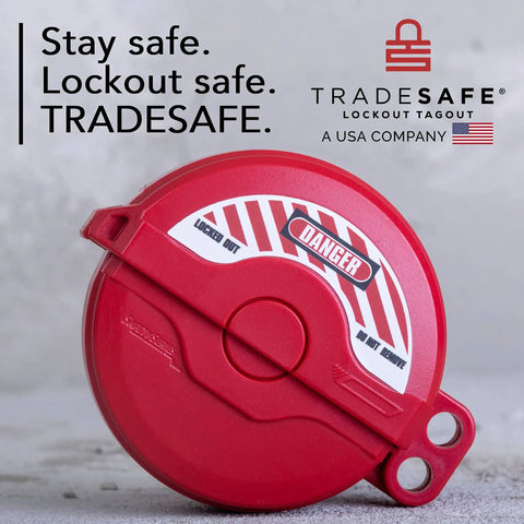 Heavy Duty Gate Valve Lockout For 1 To 2.5 Inch Valves Red Lockout Tagout Lock featuring safety warning and Tradesafe branding
