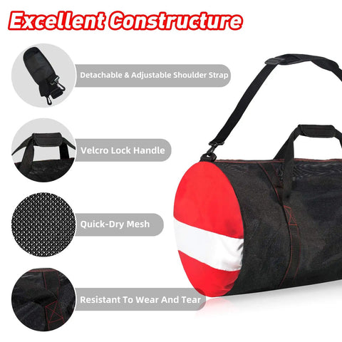 Ultra Large 30 Inch Mesh Dive Gear Bag showing quick-dry mesh, detachable strap, velcro handle, durable material for scuba