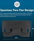 Top view of dual monitor sit stand desk riser 48 inch wide desk converter with two-tier design and dimensions labeled.