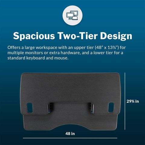 Top view of dual monitor sit stand desk riser 48 inch wide desk converter with two-tier design and dimensions labeled.