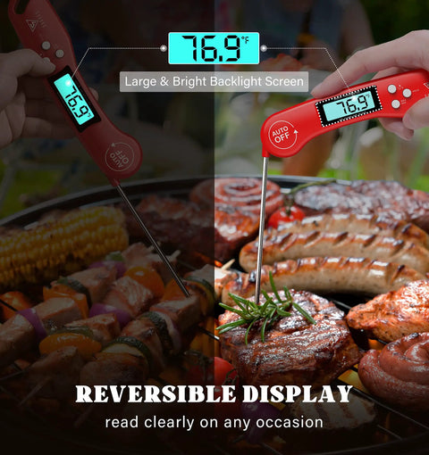 Instant Read Digital Meat Thermometer with Backlit Auto Rotating Display, 4.6 Inch Probe in use on barbecue grill