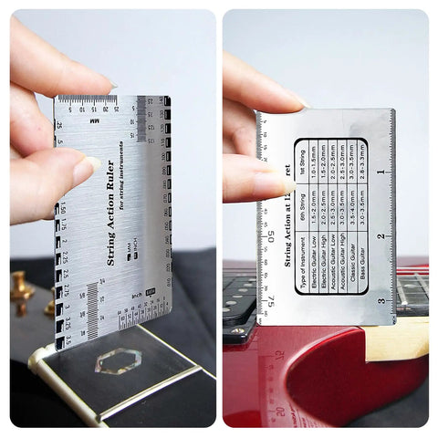 Guitar String Height And Action Gauge Ruler Set For Electric Acoustic And Bass Stainless Steel Setup Tool in use on guitar neck