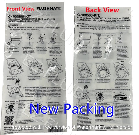 Front and back views of OEM Original Replacement Flushmate Piston Cartridge packaging for PowerFlush Toilet Tank Systems.