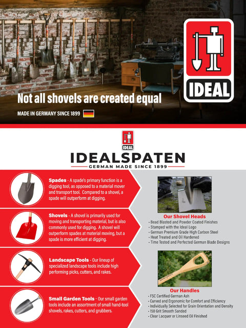 Display of various Idealspaten tools including Beefy Dual Function Hand Mattock With Hoe Blade And Grubber For Small Garden Trenching And Root Cutting 15.5 Inch 3 Pound Compact Cultivator Tool Made In Germany Since 1899 Heidelberg Design.