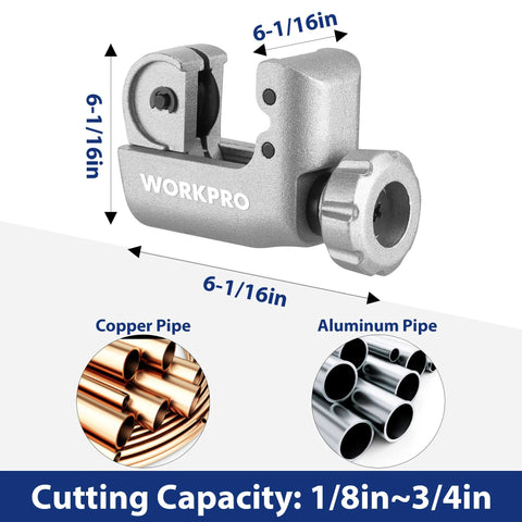WORKPRO 3-Piece tubing cutter set, front view; silver metal cutter for copper and aluminum tubing, 1/8–3/4 in capacity