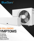 Air conditioner indoor and outdoor units with text about fixing symptoms like hard starting and unusual noise, BlueStars logo.