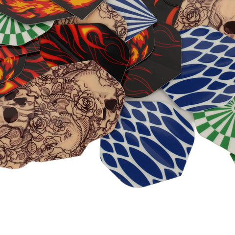 Durable PET Flights for Darts 77 Piece Variety Pack Replacement Feather Tail Wings close-up showing various designs.