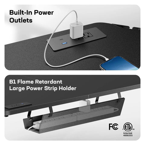 63-Inch L-Shaped Standing Desk With Built-In Power Outlets And Large Power Strip Holder, electric height adjustable corner setup