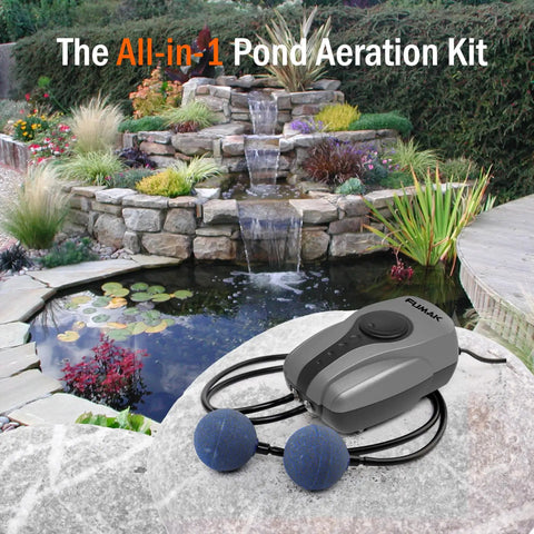 All In One Pond Aerator Kit For Outdoor Ponds Up To 1000 Gallons with pump and air stones next to a garden pond