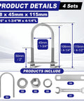 U-bolt set: four stainless steel M8 U-bolts with nuts, washers and plate for boat trailer; 45mm wide x 115mm long