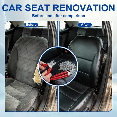 Before and after car seat renovation with Hog Ring Pliers Kit With 300 Galvanized Rings, Pro Grade Straight And 45 Degree Bent Pliers.